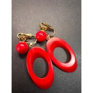 Vintage Trifari red lucite hoop clip on earrings